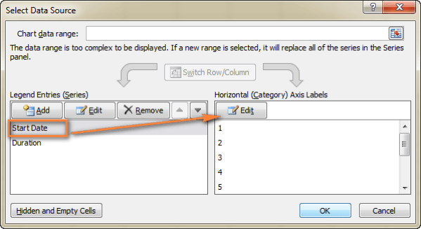 how to create a gantt chart in excel select data source and edit