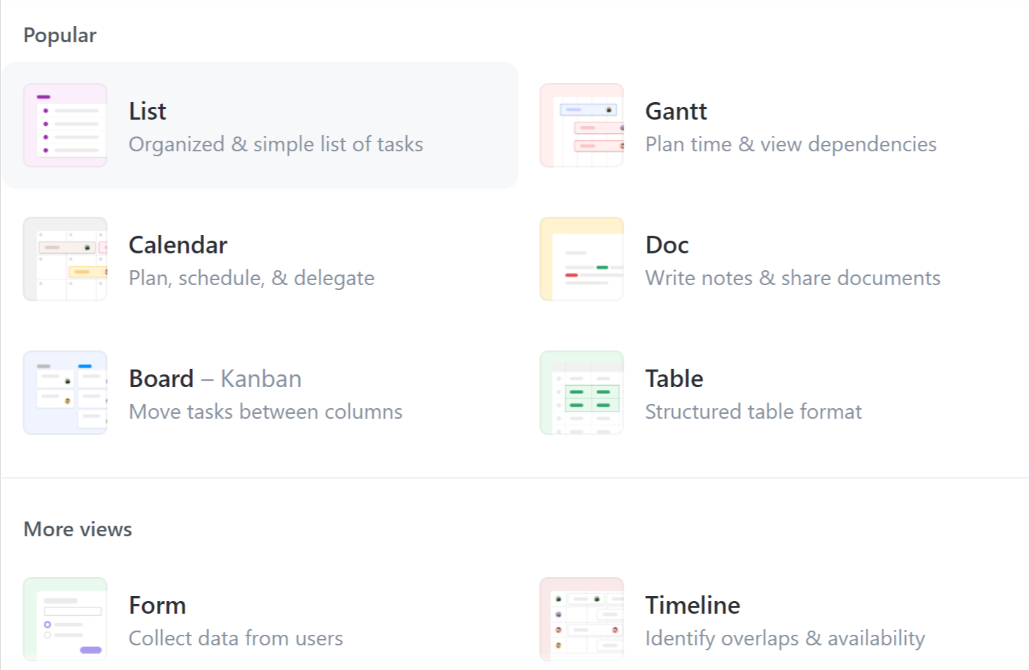 Clickup task display view options